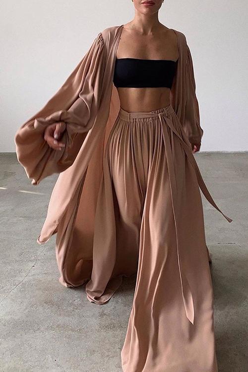 Flowing Puff Sleeve 3PC Cardigan Pants Set - Fashionpara