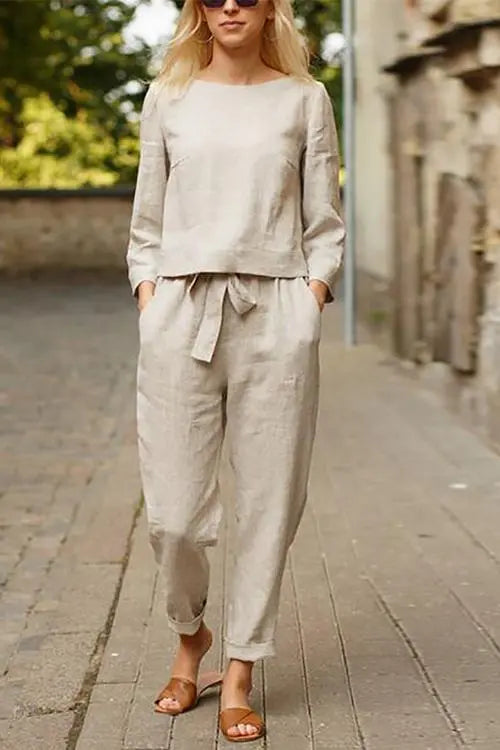 Linen O Neck Long Sleeve Pants Set - Fashionpara