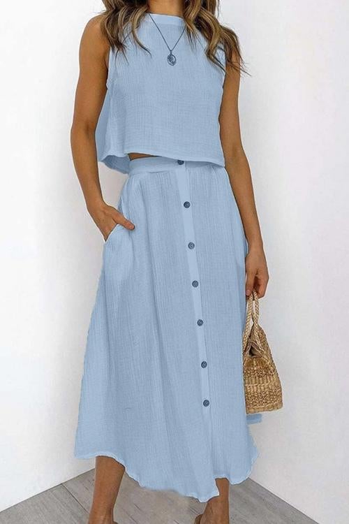 Button Decorate Vest Naxi Skirts Set - Fashionpara