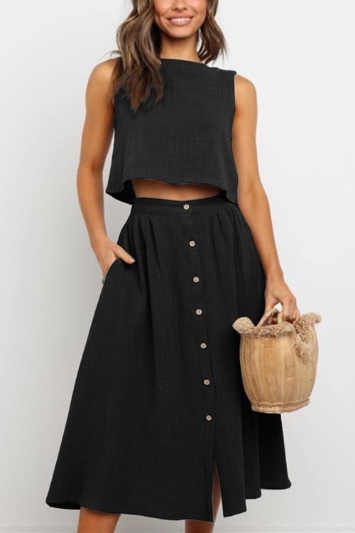 Button Decorate Vest Naxi Skirts Set - Fashionpara