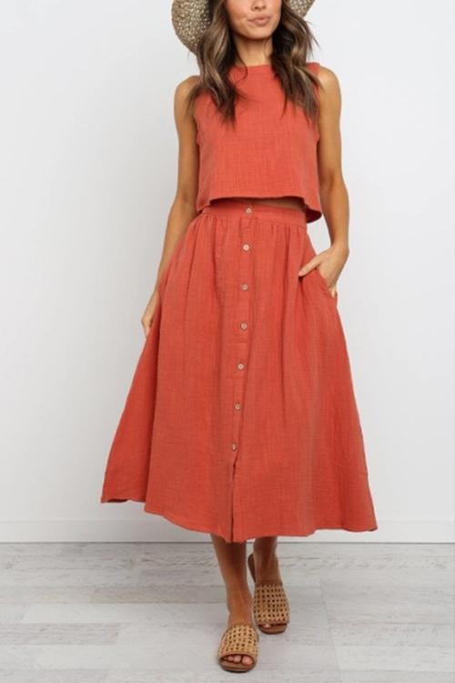 Button Decorate Vest Naxi Skirts Set - Fashionpara
