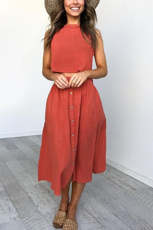 Button Decorate Vest Naxi Skirts Set - Fashionpara
