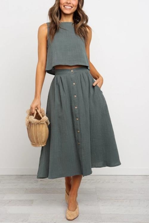 Button Decorate Vest Naxi Skirts Set - Fashionpara