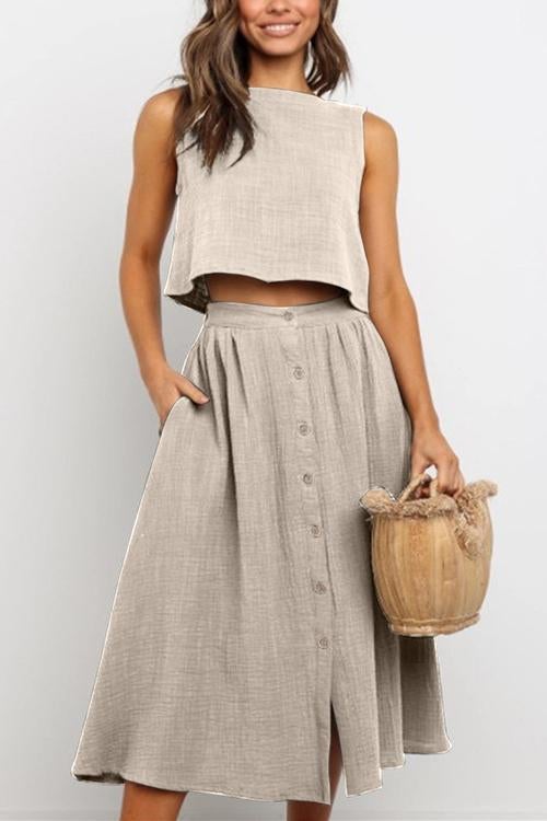 Button Decorate Vest Naxi Skirts Set - Fashionpara