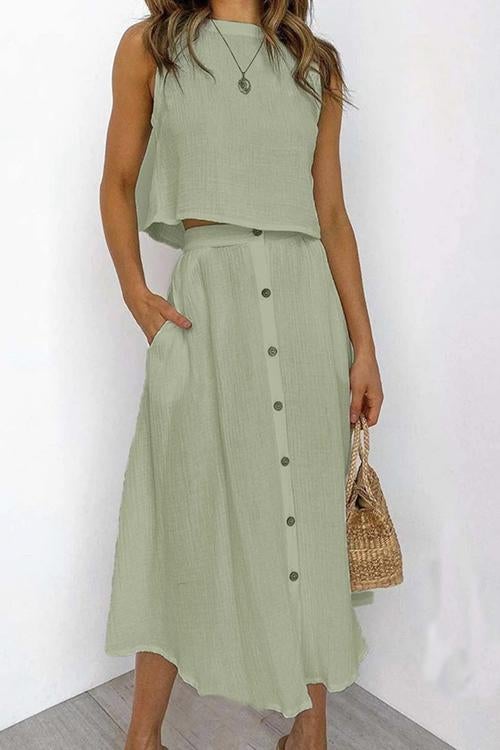 Button Decorate Vest Naxi Skirts Set - Fashionpara