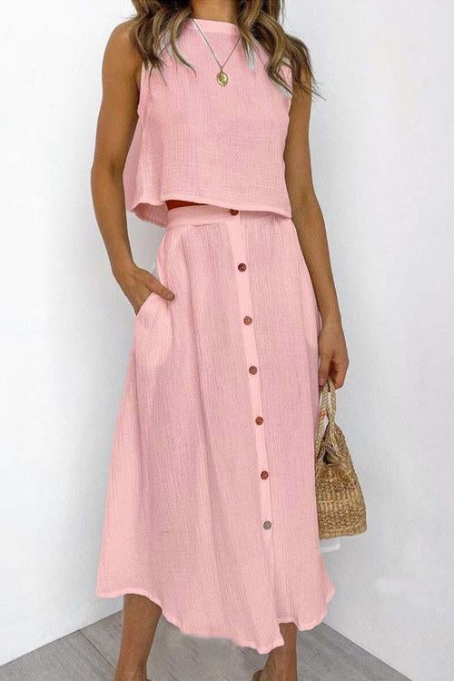 Button Decorate Vest Naxi Skirts Set - Fashionpara