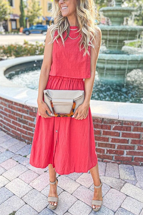 Button Decorate Vest Naxi Skirts Set - Fashionpara