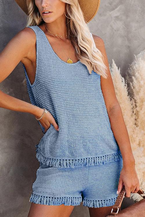 Knit Tassels U Neck Blouse Shorts Set - Fashionpara