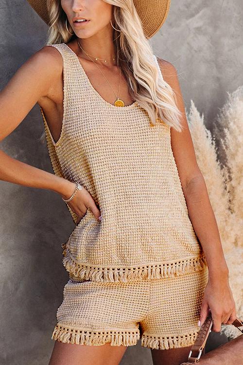 Knit Tassels U Neck Blouse Shorts Set - Fashionpara
