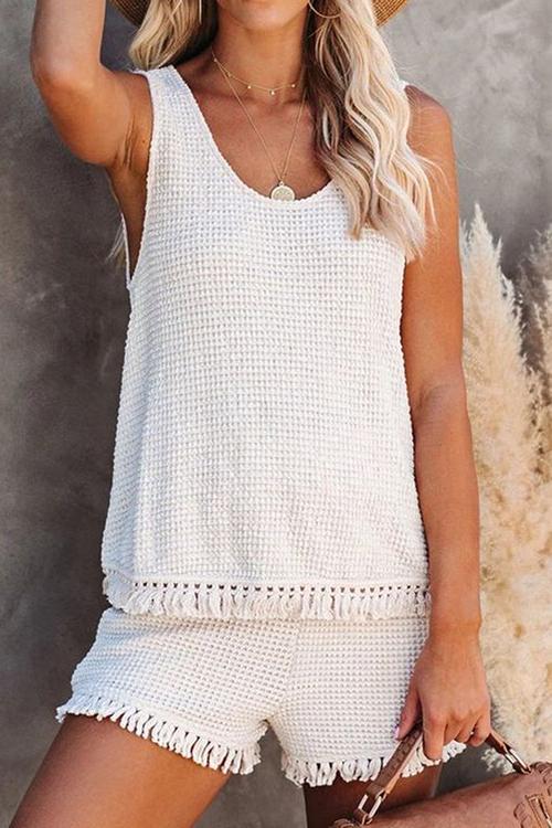 Knit Tassels U Neck Blouse Shorts Set - Fashionpara