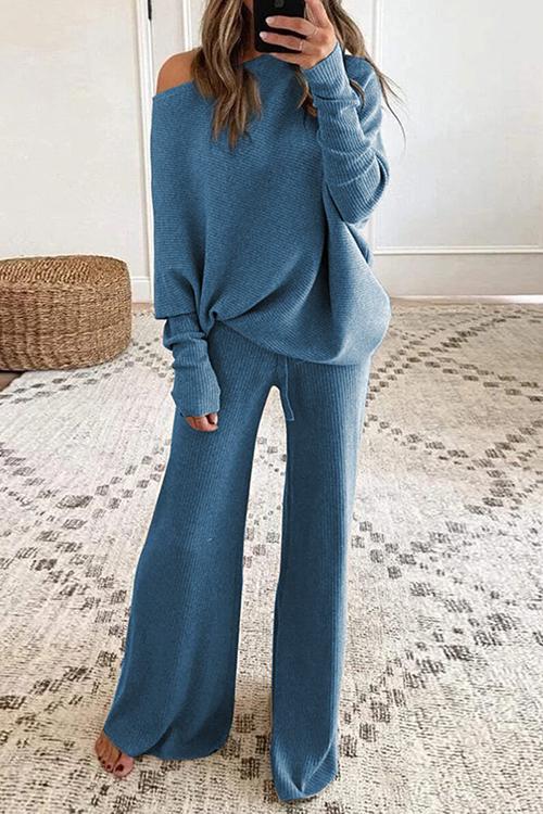 Solid Knit Dew Shouler Pants Sets - Fashionpara