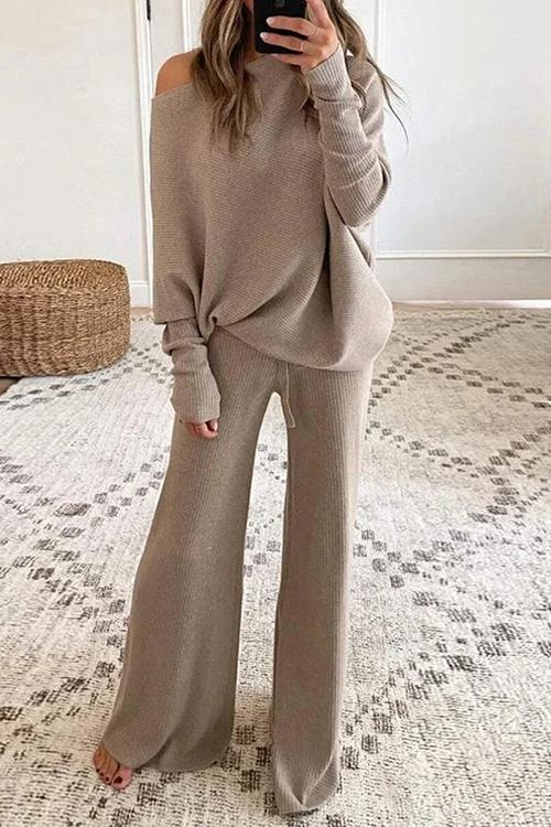 Solid Knit Dew Shouler Pants Sets - Fashionpara