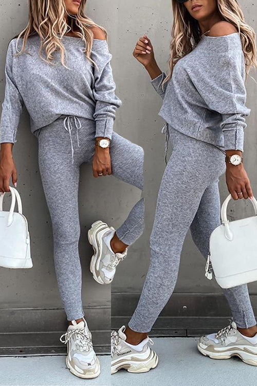 Dew Shoulder Knit Pants Set - Fashionpara