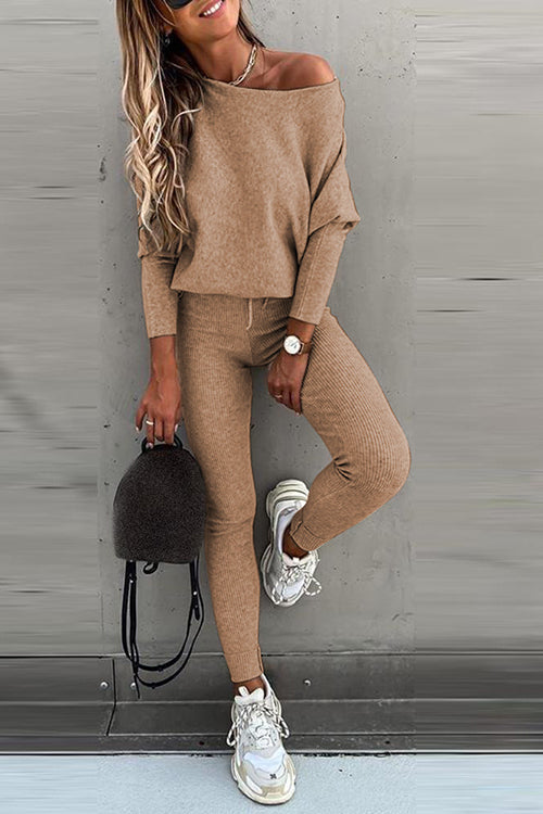 Dew Shoulder Knit Pants Set - Fashionpara