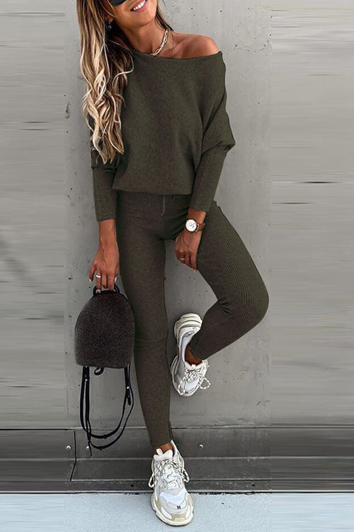 Dew Shoulder Knit Pants Set - Fashionpara