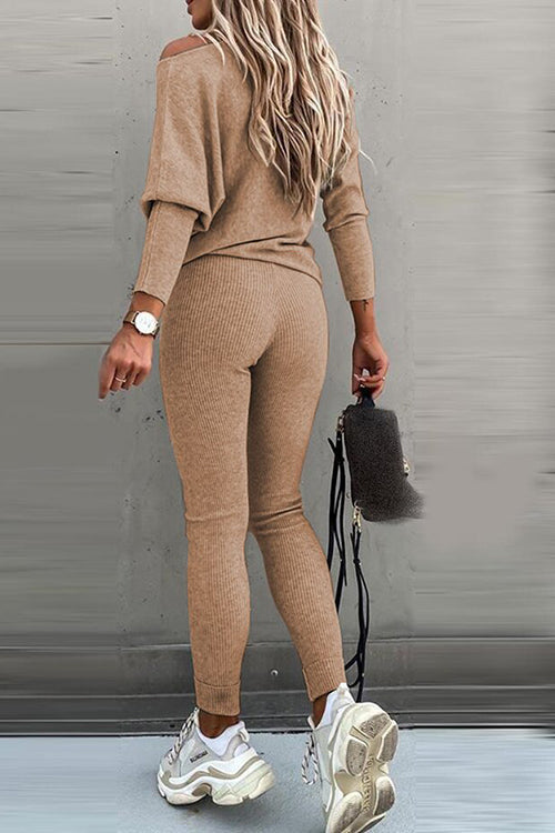 Dew Shoulder Knit Pants Set - Fashionpara