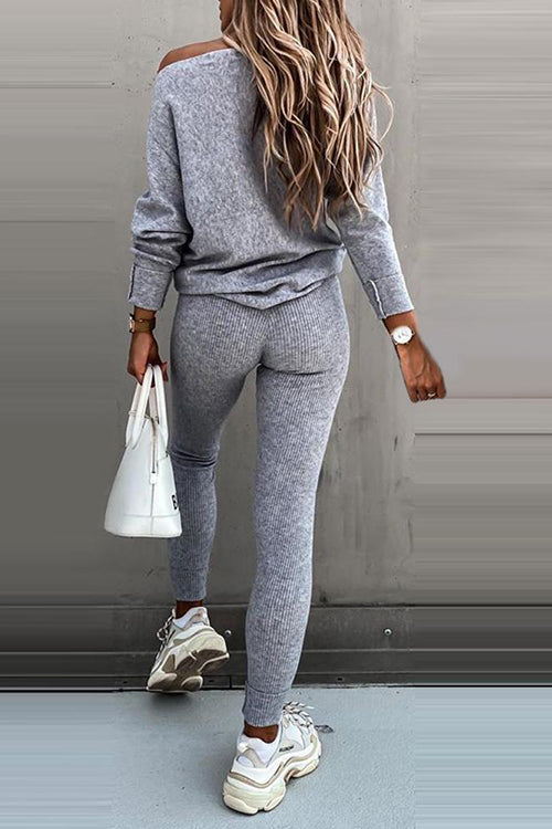 Dew Shoulder Knit Pants Set - Fashionpara