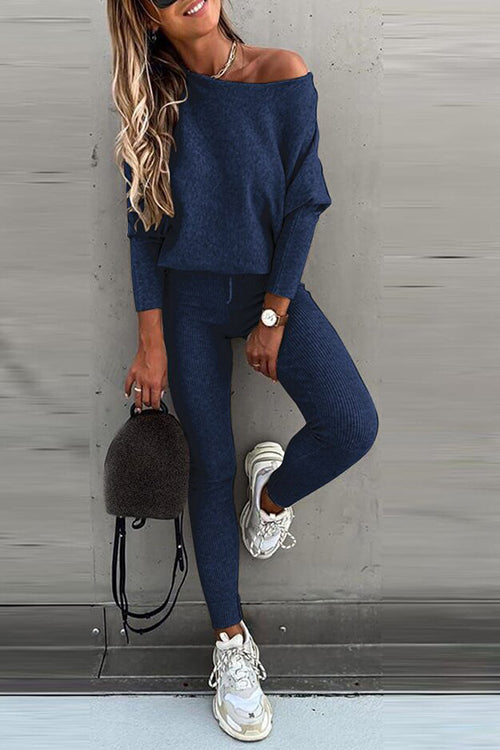 Dew Shoulder Knit Pants Set - Fashionpara