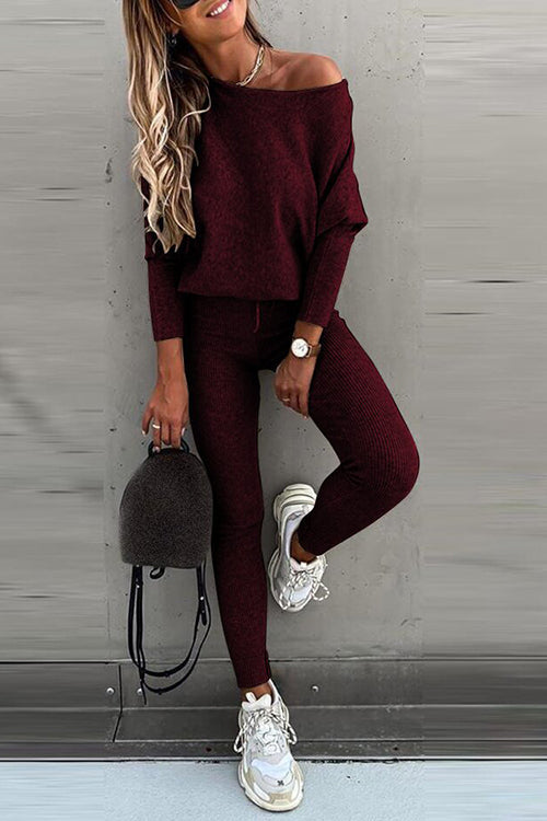 Dew Shoulder Knit Pants Set - Fashionpara