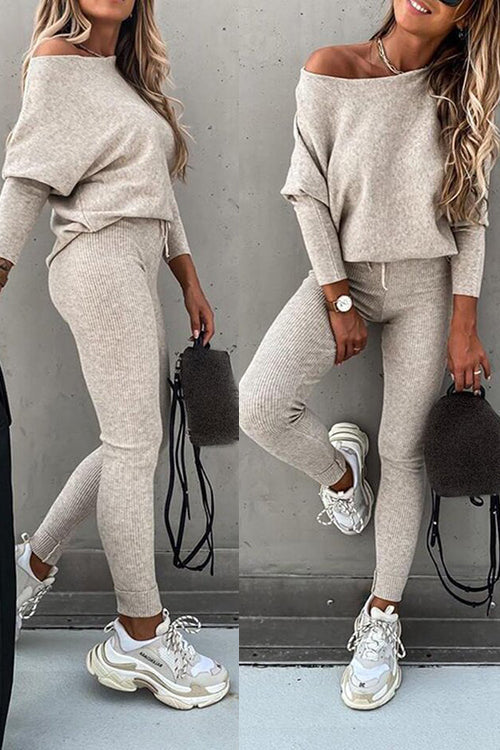 Dew Shoulder Knit Pants Set - Fashionpara