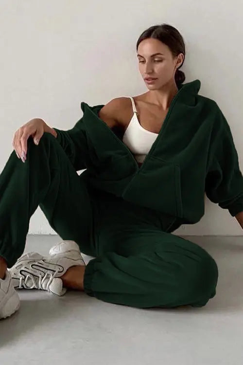 Zip Up Hooded Jacket Sweatpants Sports Set - Fashionpara