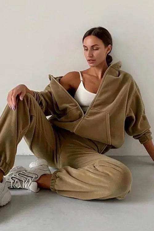 Zip Up Hooded Jacket Sweatpants Sports Set - Fashionpara