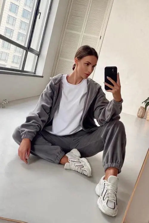 Zip Up Hooded Jacket Sweatpants Sports Set - Fashionpara