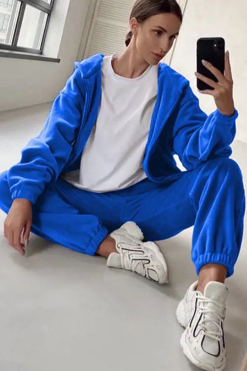 Zip Up Hooded Jacket Sweatpants Sports Set - Fashionpara