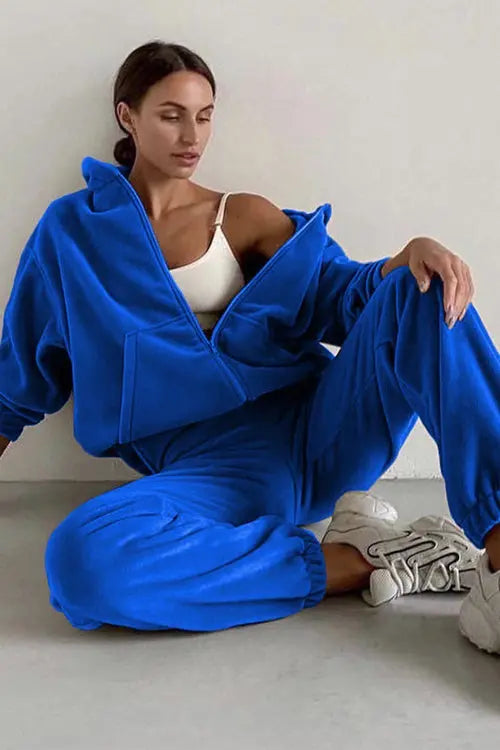 Zip Up Hooded Jacket Sweatpants Sports Set - Fashionpara