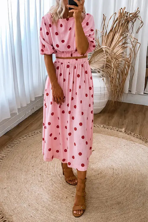 Polka Dot Puff Sleeve Maxi Skirts Set - Fashionpara