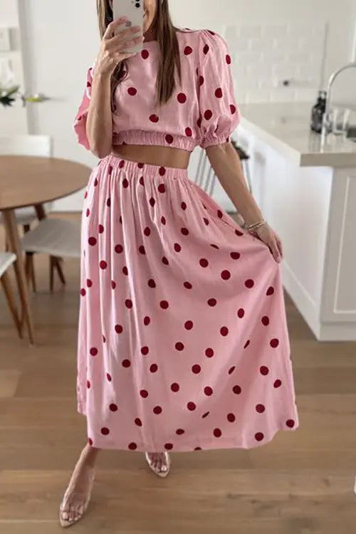 Polka Dot Puff Sleeve Maxi Skirts Set - Fashionpara