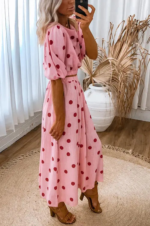 Polka Dot Puff Sleeve Maxi Skirts Set - Fashionpara