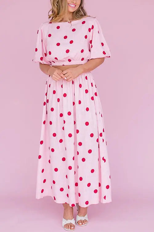 Polka Dot Puff Sleeve Maxi Skirts Set - Fashionpara