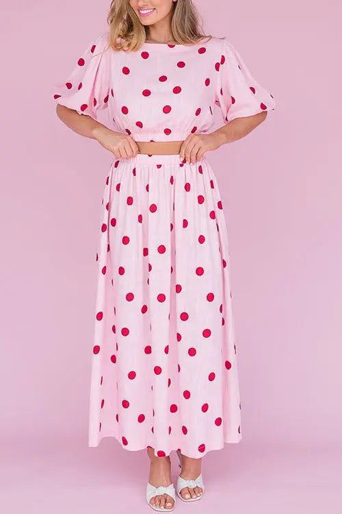Polka Dot Puff Sleeve Maxi Skirts Set - Fashionpara