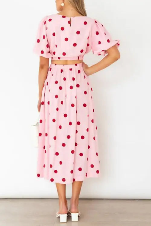 Polka Dot Puff Sleeve Maxi Skirts Set - Fashionpara
