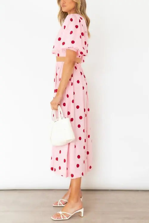 Polka Dot Puff Sleeve Maxi Skirts Set - Fashionpara