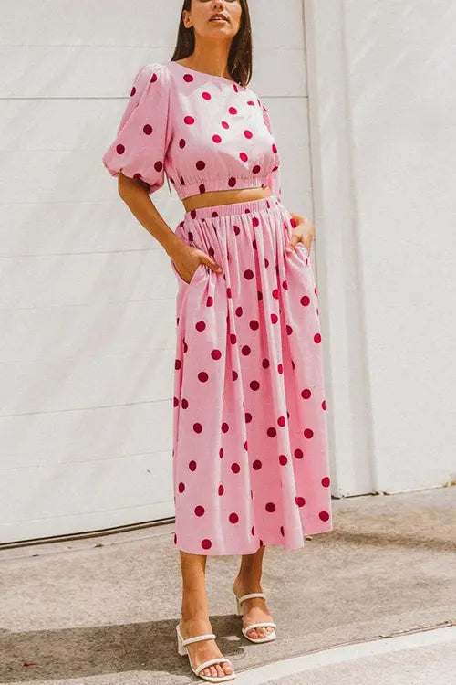 Polka Dot Puff Sleeve Maxi Skirts Set - Fashionpara