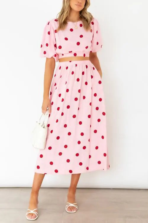 Polka Dot Puff Sleeve Maxi Skirts Set - Fashionpara