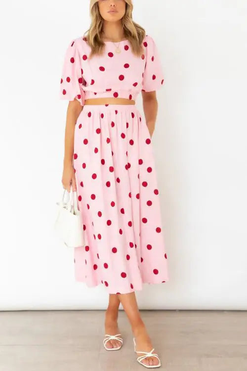 Polka Dot Puff Sleeve Maxi Skirts Set - Fashionpara