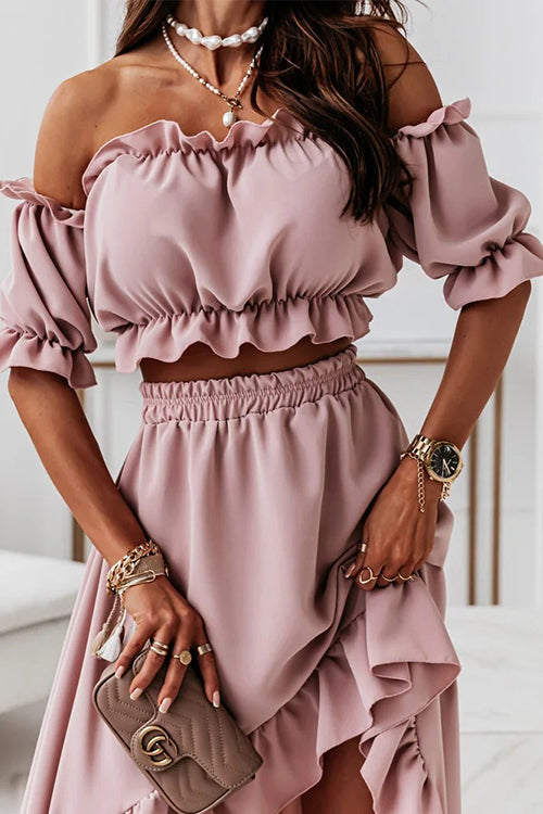 Flounce Off Shoulder Crop Irregularity Skirt Set - Fashionpara