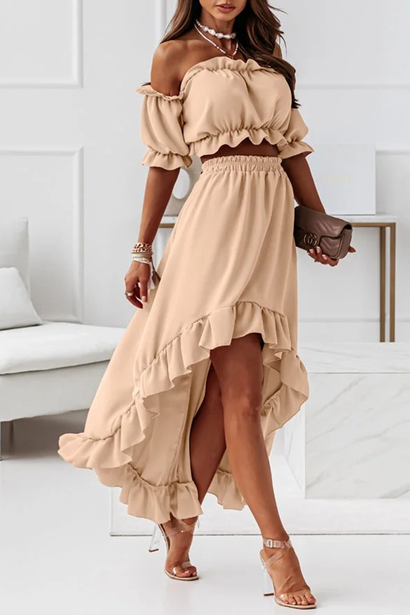 Flounce Off Shoulder Crop Irregularity Skirt Set - Fashionpara