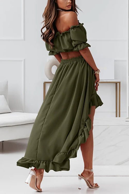 Flounce Off Shoulder Crop Irregularity Skirt Set - Fashionpara