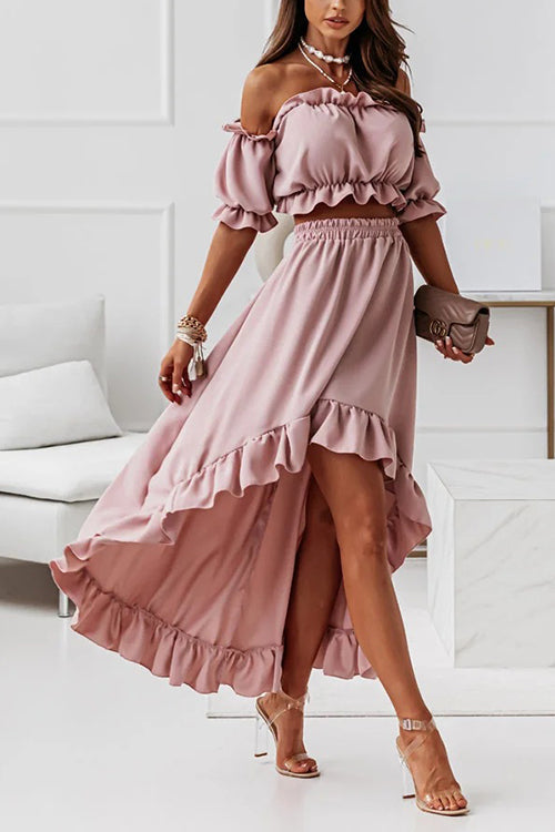 Flounce Off Shoulder Crop Irregularity Skirt Set - Fashionpara