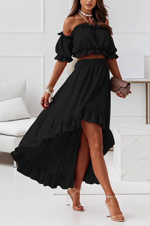 Flounce Off Shoulder Crop Irregularity Skirt Set - Fashionpara