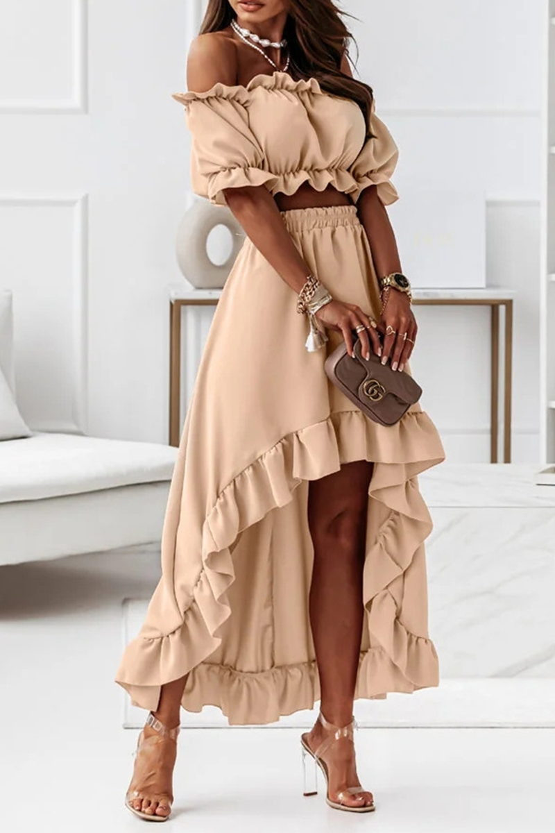 Flounce Off Shoulder Crop Irregularity Skirt Set - Fashionpara