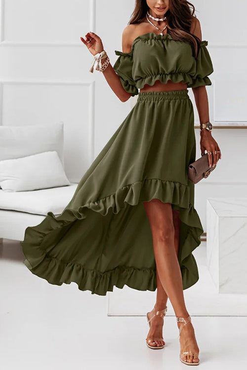 Flounce Off Shoulder Crop Irregularity Skirt Set - Fashionpara