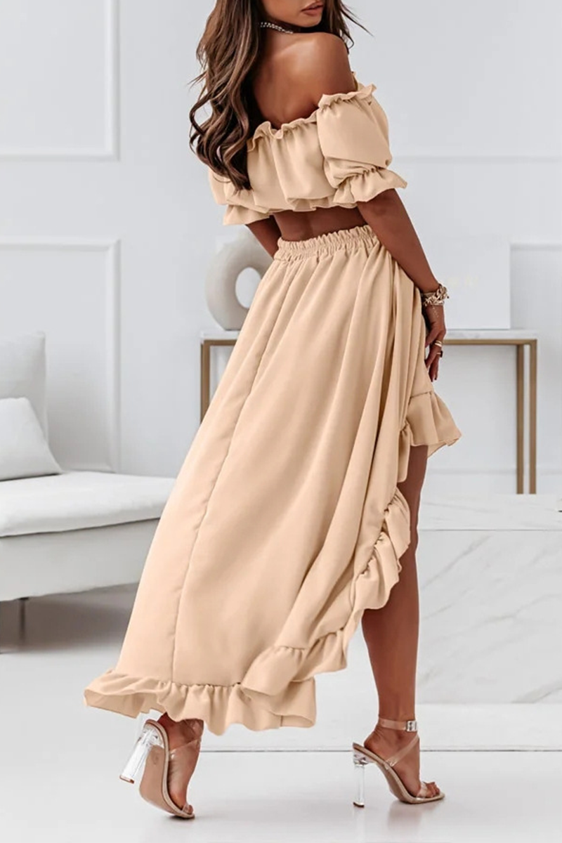 Flounce Off Shoulder Crop Irregularity Skirt Set - Fashionpara