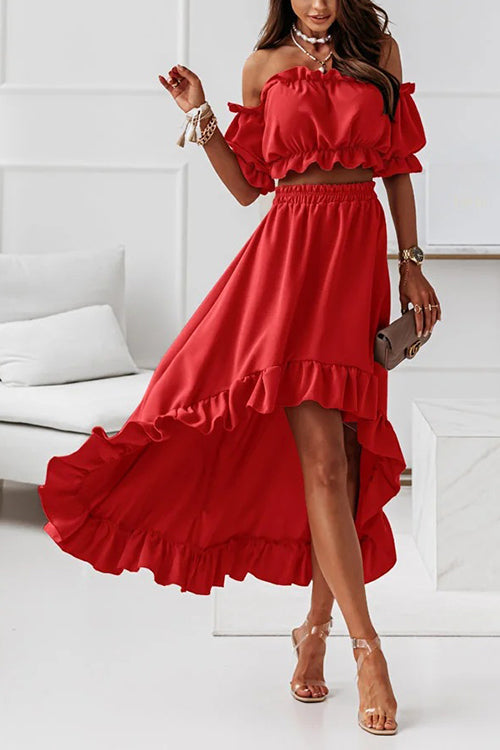 Flounce Off Shoulder Crop Irregularity Skirt Set - Fashionpara