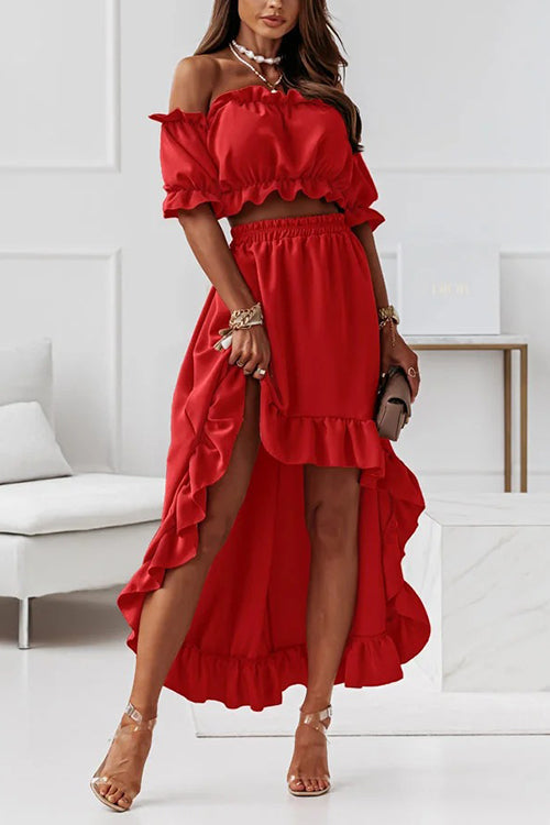 Flounce Off Shoulder Crop Irregularity Skirt Set - Fashionpara