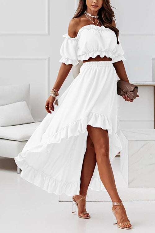 Flounce Off Shoulder Crop Irregularity Skirt Set - Fashionpara